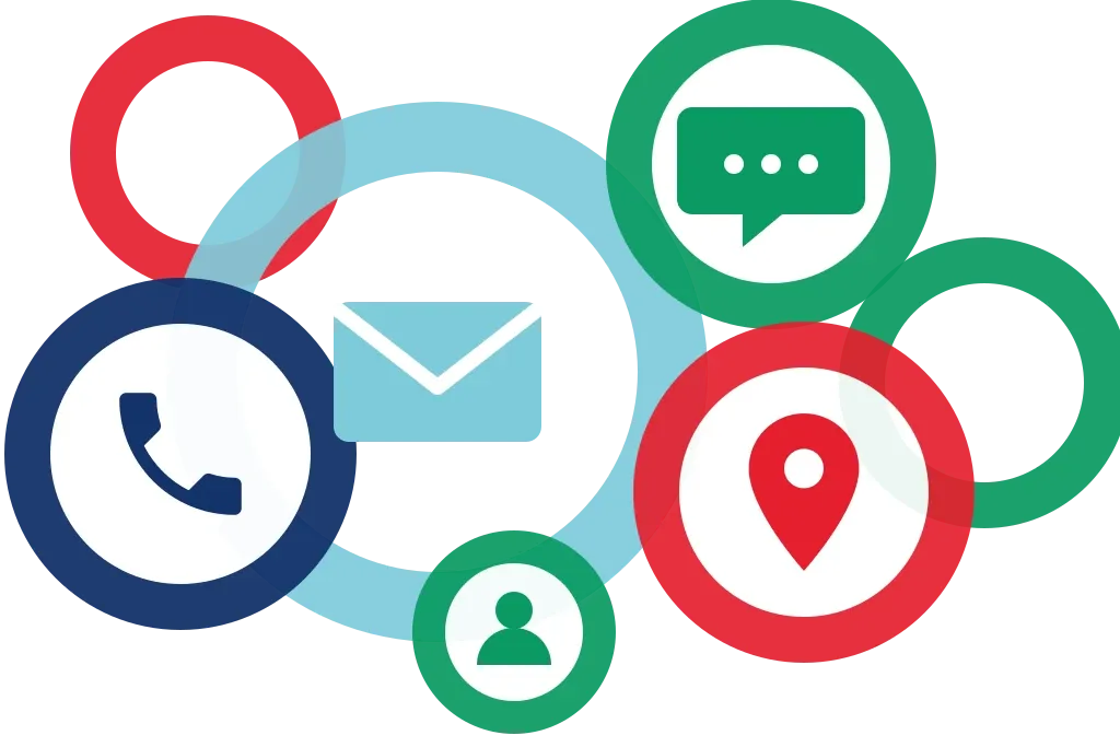 Pictogrammes de contact : courrier, téléphone, message et localisation