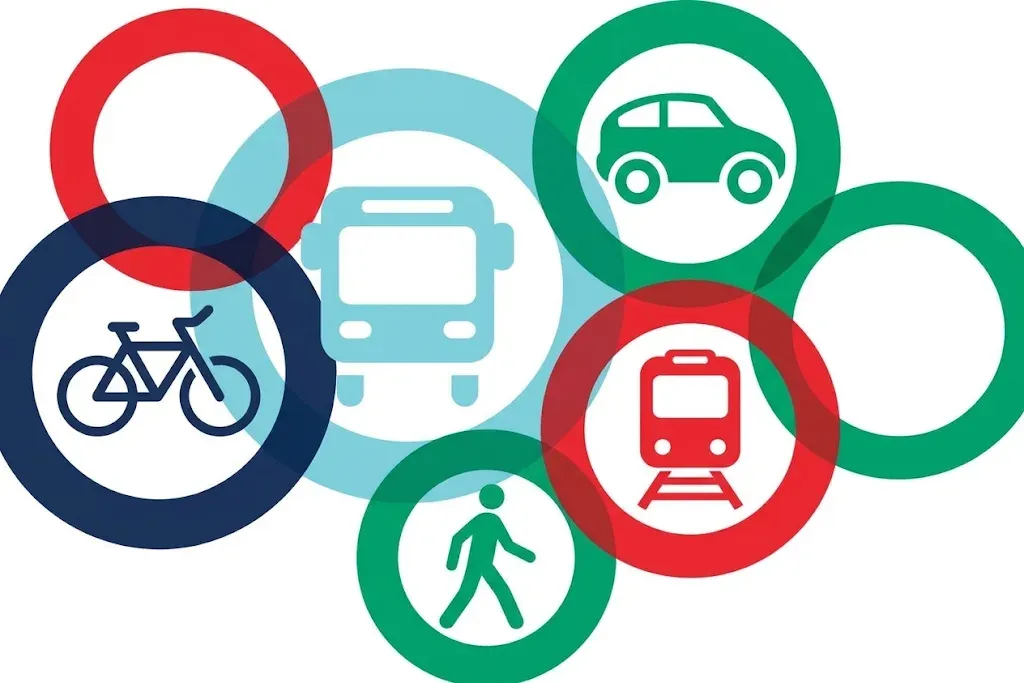 Pictogrammes des mobilités : vélo, bus, voiture, train et marche
