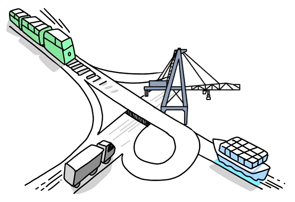 Railway tracks of the combined transport terminal with wagons